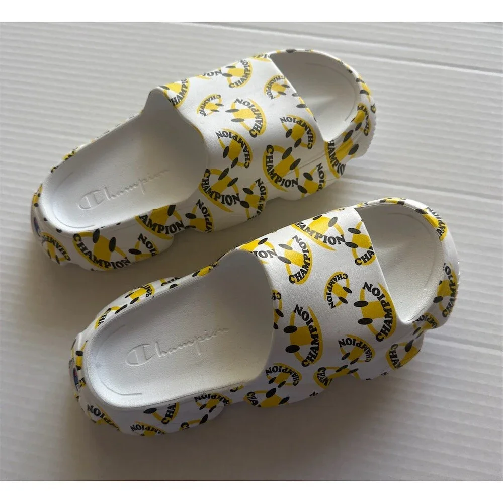 Champion Slide Sandals Unisex Adults White Yellow Smiley Logo Cushioned